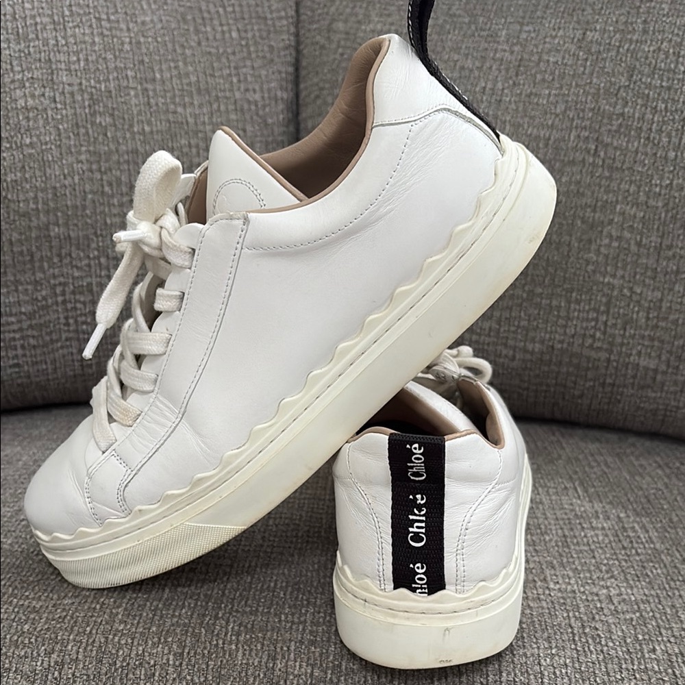 Chloe Scalloped Leather White Sneakers with Textured Upper and Thick Sole - Picture 12 of 16